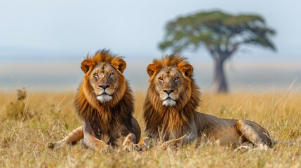 Two Masai lions resting in a field with a tree and sky in the background