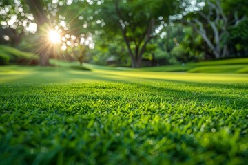 Sun beams break through the trees, illuminating a fresh green golf course in early morning light