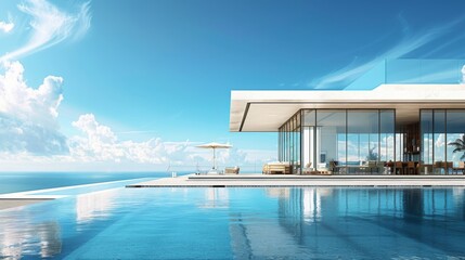 A luxury summer villa with a large swimming pool, located on a hill with a stunning sea view; Concept of high-end vacation homes, tourism, and idyllic summer retreats with copyspace