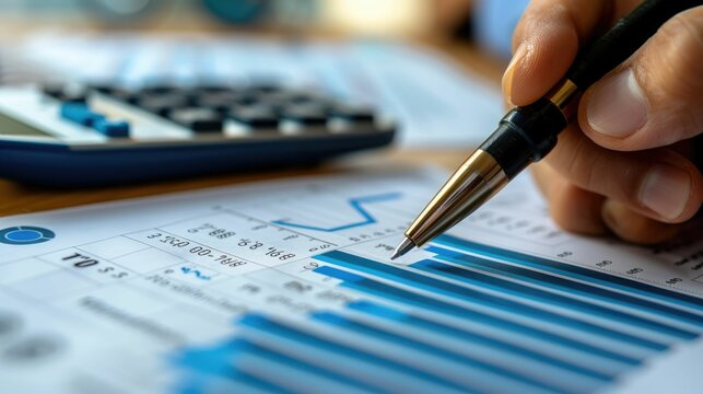 Depicts a financial audit in progress,with a person carefully reviewing financial documents and data using a calculator and pen The scene highlights the importance of ensuring