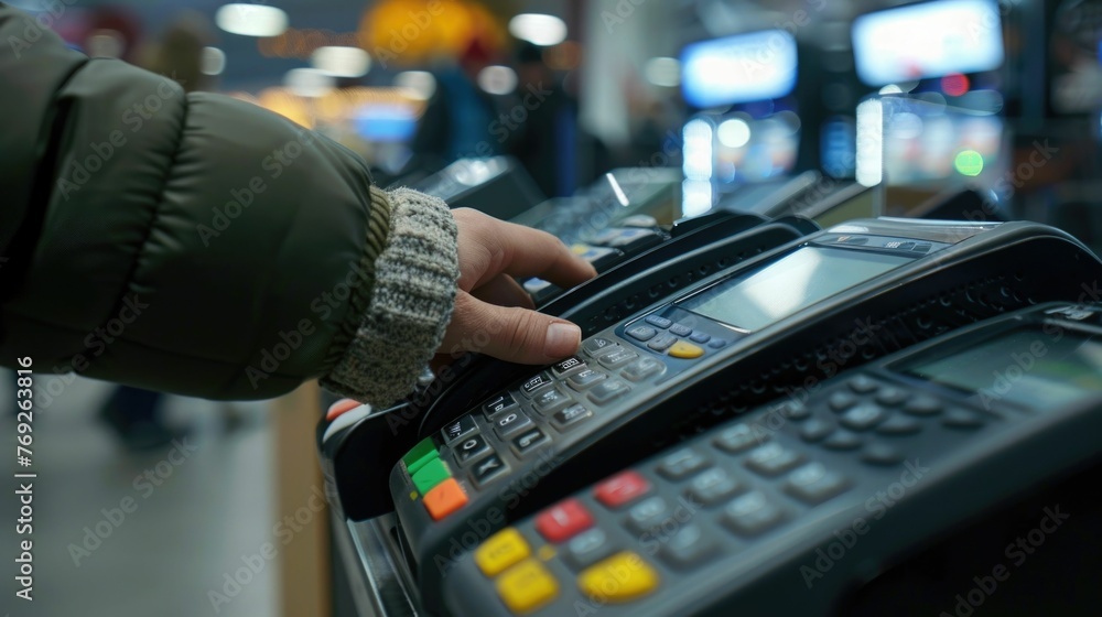 Poster technology behind modern payment processing it highlights a creditdebit card machine with a person's