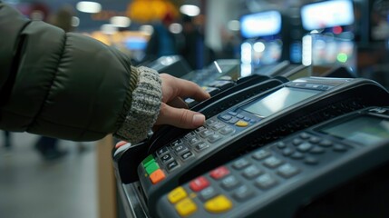 Technology behind modern payment processing It highlights a creditdebit card machine with a person's hand interacting with the device,emphasizingefficiency - Powered by Adobe