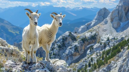 Two goats stand on rocky mountain with cloudy sky background - Powered by Adobe