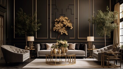 Luxurious Hollywood Regency home interior design, capturing the essence of a modern living room in a villa adorned with a cozy tufted curved round sofa and a velvet pouf on black parquet flooring, com - obrazy, fototapety, plakaty