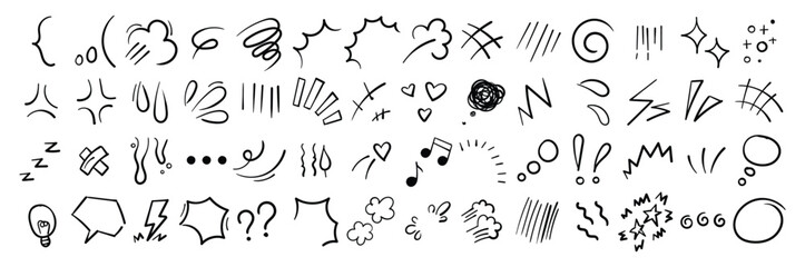 Set of anime emotion effects. Hand drawn feather textures and lines. Line movement vector element.