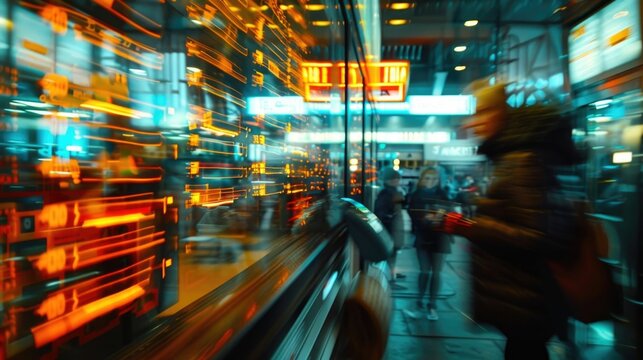 Bur and motion of a bustling urban setting,highlighting the speed and efficiency of modern payment processing The vibrant colors,neon lights,and dynamic architectural
