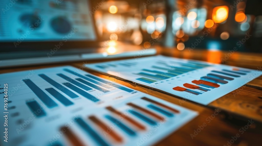 Poster professional workspace focused on financial analytics and decision-making the desk is covered with v
