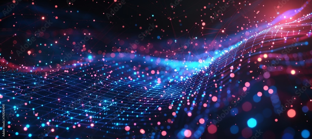 Poster data flow network line linking stream and particle wave symbolizing information technology