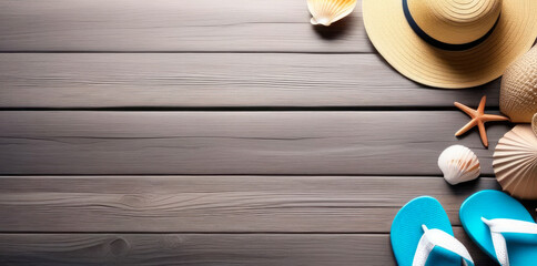 Straw hat, seashell and flip flops on wooden background. Concept of a beach holiday, a happy vacation, a weekend at the beach - obrazy, fototapety, plakaty
