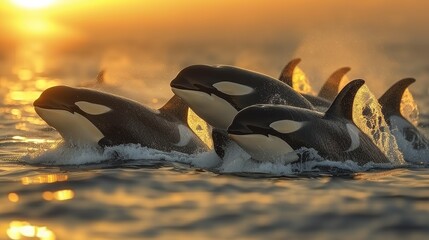 Pod of killer whales gracefully glide through the ocean at sunset - obrazy, fototapety, plakaty