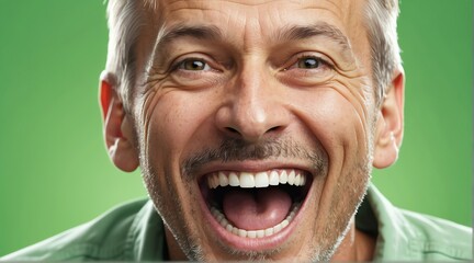 young deutsch middle aged man on plain bright green background laughing hysterically looking at camera background banner template ad marketing concept from Generative AI