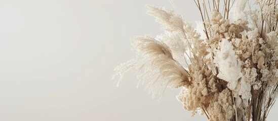 Dried flower bouquet in vase with white reeds on white background