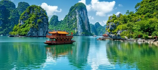 Halong bay unesco site  limestone islands, emerald waters, vietnam   travel destination wallpaper