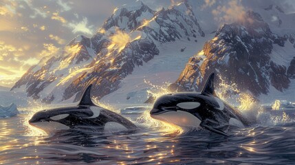 Two killer whales swimming in the water with mountains in the background - obrazy, fototapety, plakaty