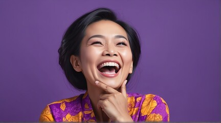 young indonesian middle aged woman on plain bright purple background laughing hysterically looking at camera background banner template ad marketing concept from Generative AI