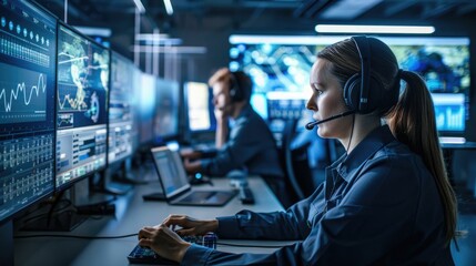 Group of technicians closely monitoring a sophisticated cloud infrastructure system in a modern network center The scene showcases the technology-driven environment,with multiple