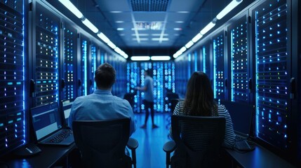 Futuristic and technologically advanced network center Two individuals,likely technicians or IT professionals,are seated at workstations,intently monitoring various displays