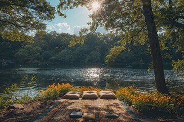 A serene lakeside setting with sunflowers and comfortable pillows, inviting relaxation under the glistening sun