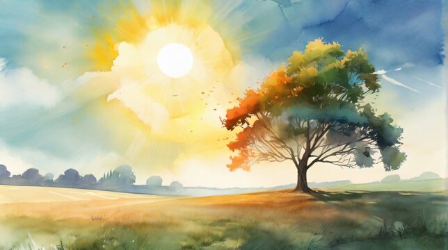 An old tree stands alone in a field in an early morning landscape, sparkling sunlight, watercolor style