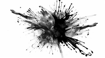 black and grey ink exploding from center and splashes on isolated white