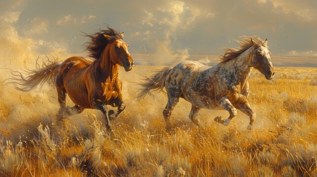 Two horses gallop across a grassy plain in a painting