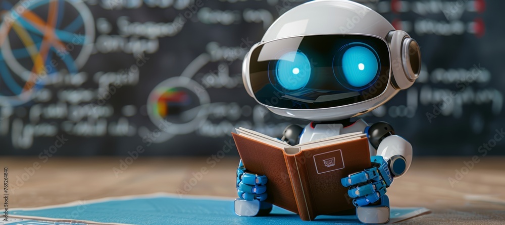 Poster humanoid ai robot with book surrounded by holographic math formulas in defocused background