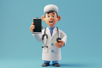3d render. Doctor cartoon character shows smart phone device with blank screen. Clip art isolated on blue background. Medical application concept, Generative AI  - obrazy, fototapety, plakaty