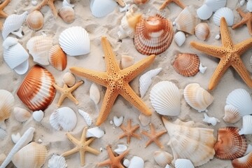 Fototapeta na wymiar Seashells and starfish on the sand