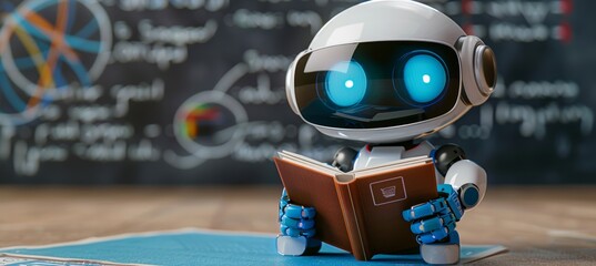 Humanoid ai robot with book surrounded by holographic math formulas in defocused background