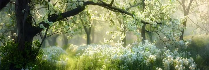 Zelfklevend Fotobehang Blooming white acacia in spring forest  © Ziyan