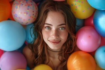 Obraz premium A red-haired girl with sparkling green eyes surrounded by an assortment of colorful balloons