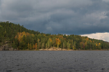 Lake Ladoga near the village Lumivaara on a sunny autumn day, Ladoga skerries, Lakhdenpokhya, Republic of Karelia, Russia