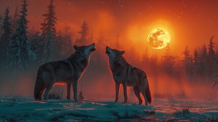 Two wolves howling under the full moon in the Ecoregion landscape