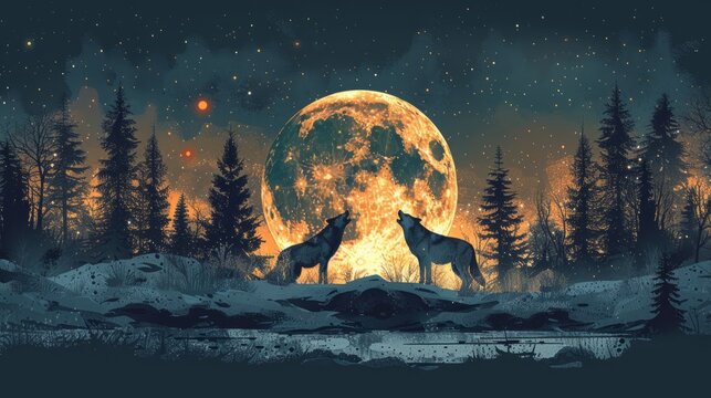Two wolves howl beneath the full moon in the atmospheric woods