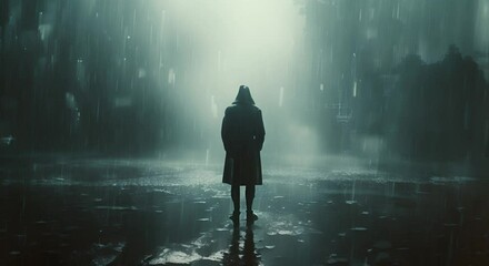 A figure standing in the rain without an umbrella, acceptance of sorrow