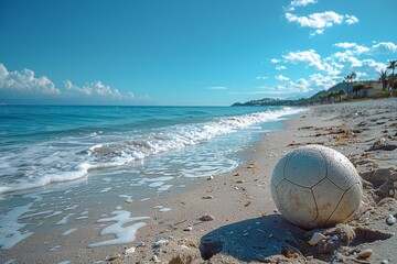A forgotten soccer ball lies on the sand as waves gently brush the beach on a sunny day