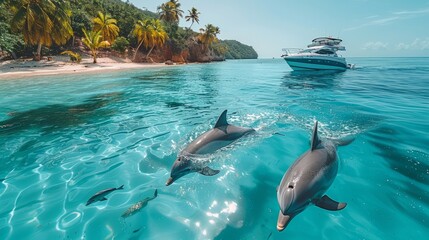 Three graceful dolphins swim in azure waters, with a boat in the background - Powered by Adobe