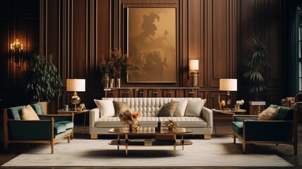 Luxurious Hollywood Regency home interior design, capturing the essence of a modern living room in a villa adorned with a cozy tufted curved round sofa and a velvet pouf on black parquet flooring, com