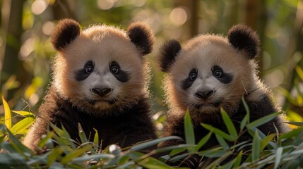 Two baby panda bears with fur and snouts sit in grass