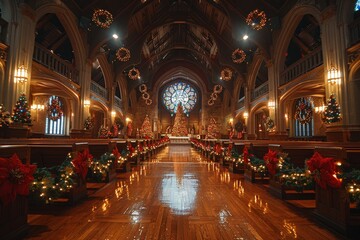 The historical church combines tradition and festive decor with rows of poinsettias and ornate lighting