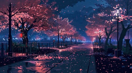 Beautiful night scenery featuring anime cherry blossoms, rendered in 8-bit pixel art.
