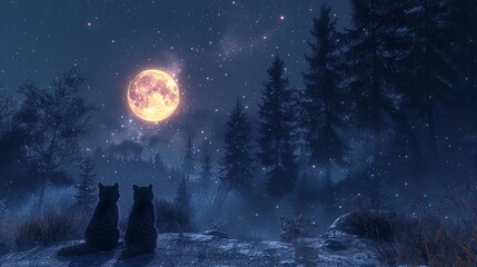 Two cats sit in snow gazing at full moon in freezing atmosphere