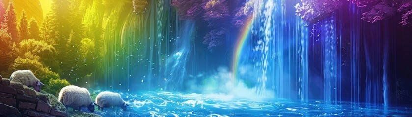 Surreal image of sheep with crystal wool sparkling under a rainbow waterfall