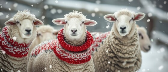 A cozy winter scene of sheep with wool that looks like knitted holiday sweaters