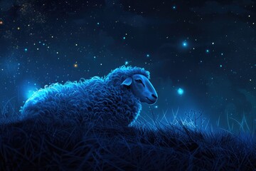 A fantasy illustration of sheep with luminous glowing wool under a starry night sky - obrazy, fototapety, plakaty