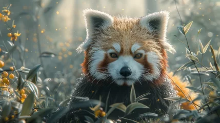 Foto op Canvas a red panda is sitting in the grass looking at the camera © yuchen