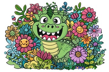 Cartoon cute doodles of a green monster with scales and a friendly smile, peeking out from behind a colorful garden of flowers, Generative AI