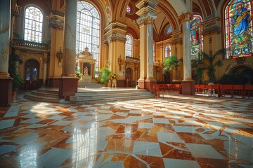 Obraz premium The grand interior of a church with sun rays illuminating through the windows, showcasing the architectural beauty