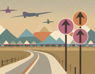 illustration, airplane, runway, departure, airport