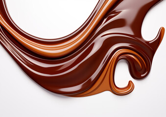 Chocolate syrup flowing and splashing on white background, illustrating a delicious, melted dessert design